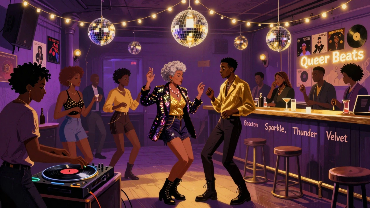 Black queer DJ spinning vinyl at a vibrant Brixton dance party, people of all ages dancing together.