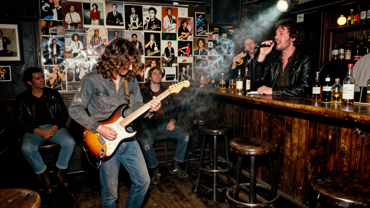 Blues bar with guitarist performing under a spotlight, crowd in leather jackets leaning on a wooden bar.