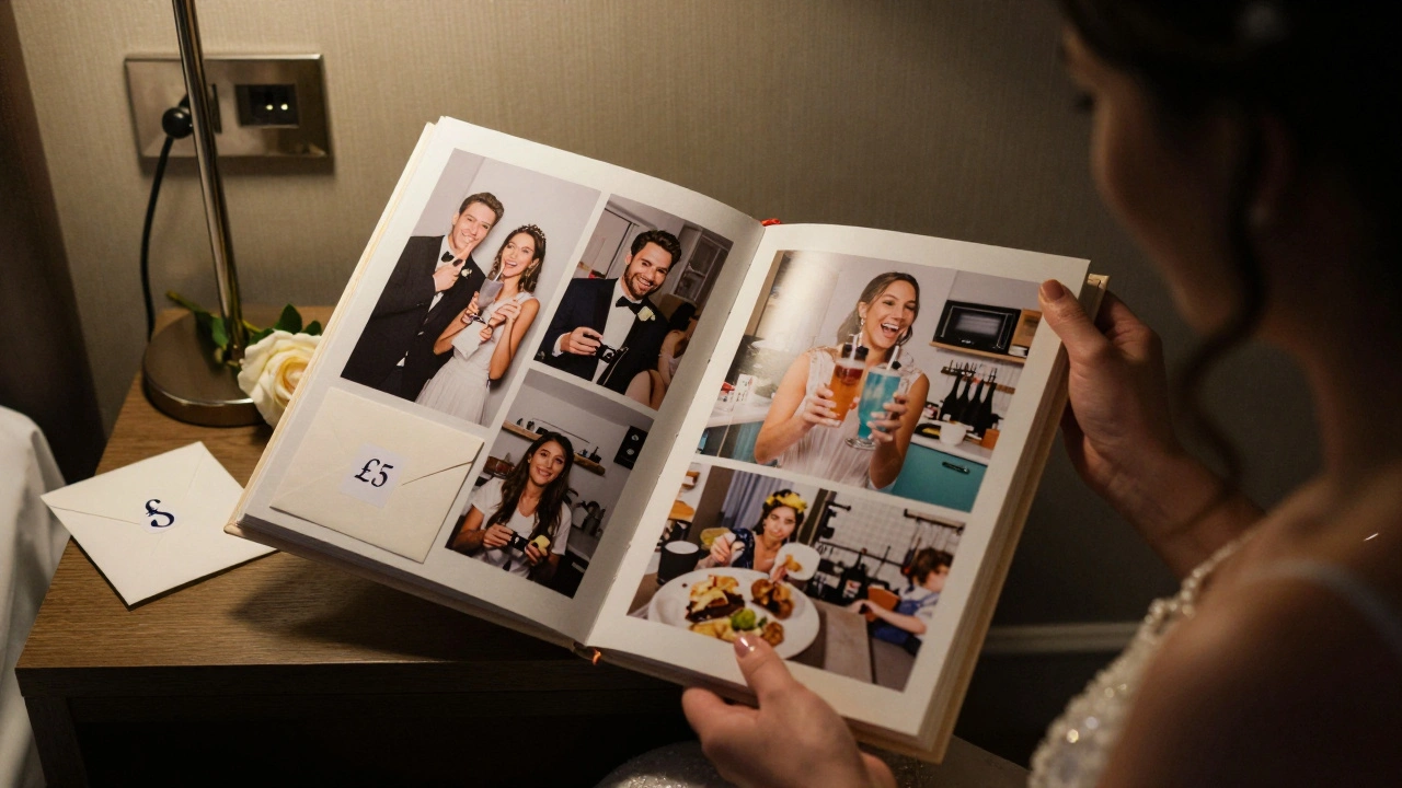 Bride opening a handmade scrapbook in a hotel room, surrounded by memories of a budget-friendly London hen night.