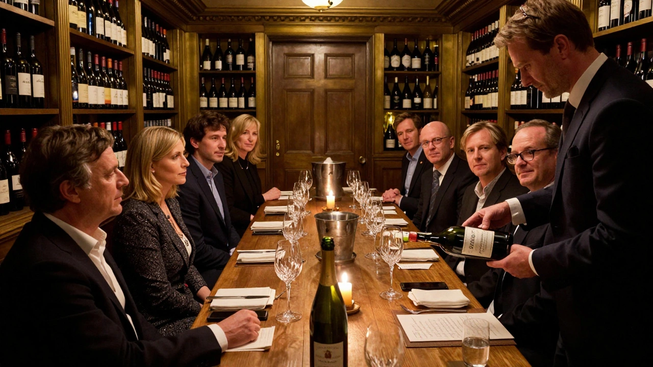 Business group in Mayfair being served rare Bordeaux by a sommelier in a luxurious cellar.