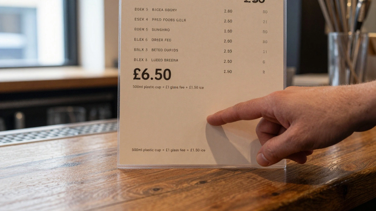 Close-up of a bar menu revealing hidden drink charges in fine print.
