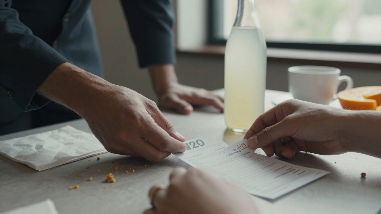 Close-up of a tip left on a check beside empty mimosa bottle and coffee cup.