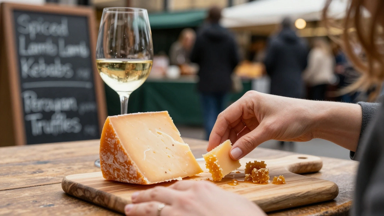 Close-up of artisanal cheese and honeycomb on wooden board with wine glass nearby.
