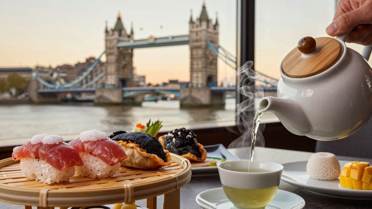 Close-up of fusion tea service featuring sushi, empanadas, and matcha desserts with ceramic teapot pouring green tea.
