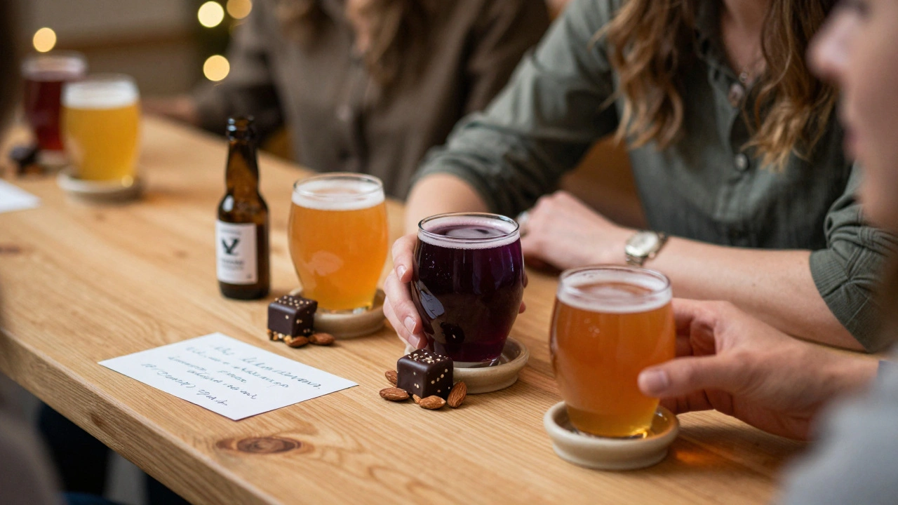 Close-up of three craft beers with gourmet bites and a handwritten note on a wooden tasting table.