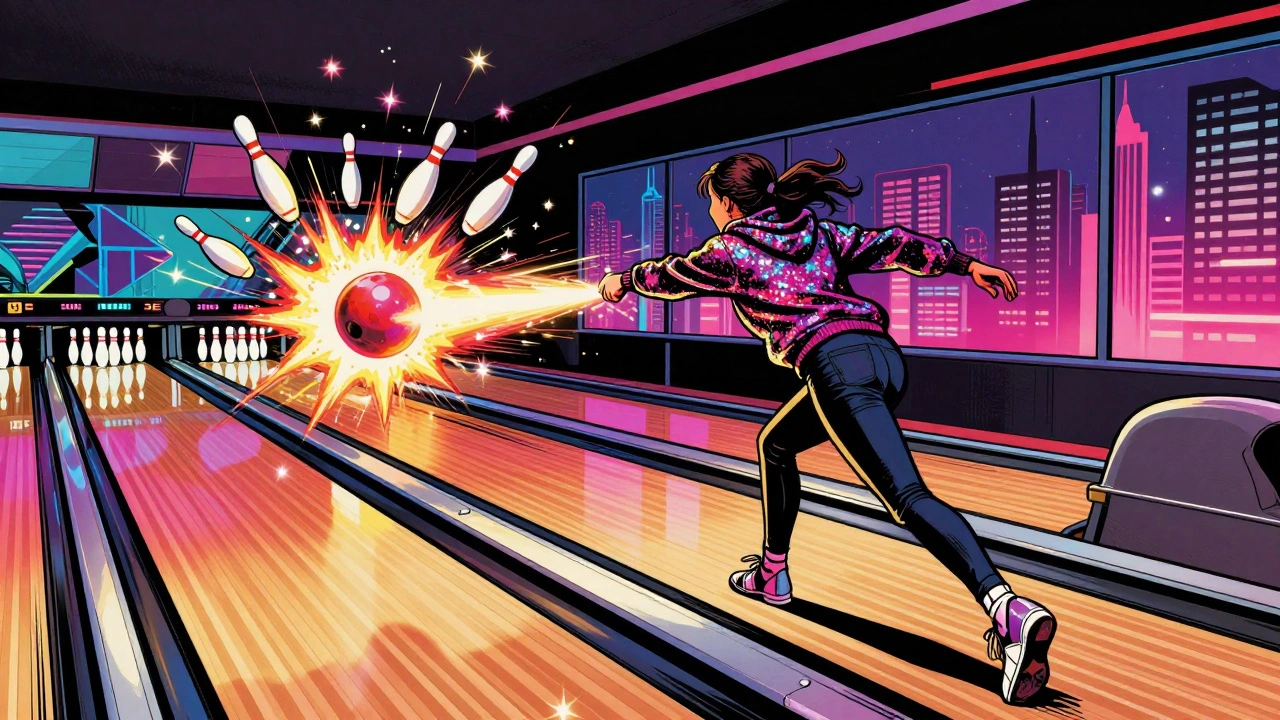 Comic book style of a bowler releasing a glowing ball as pins explode in slow motion under pulsing lights.