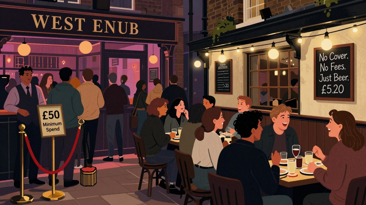 Contrasting scenes: an expensive club with minimum spend vs. a transparent Camden pub.