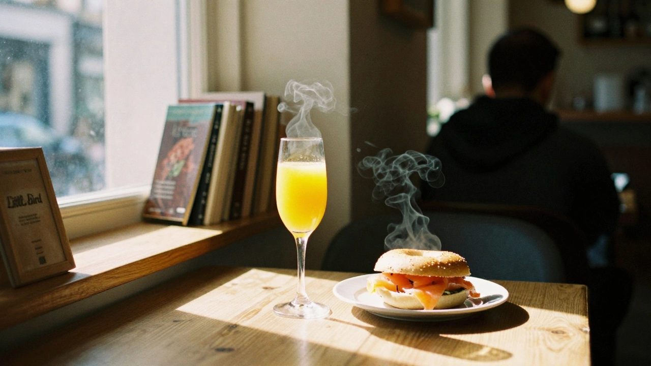 Cozy Fulham café corner with smoked salmon bagel and mimosa, bathed in soft afternoon sunlight.