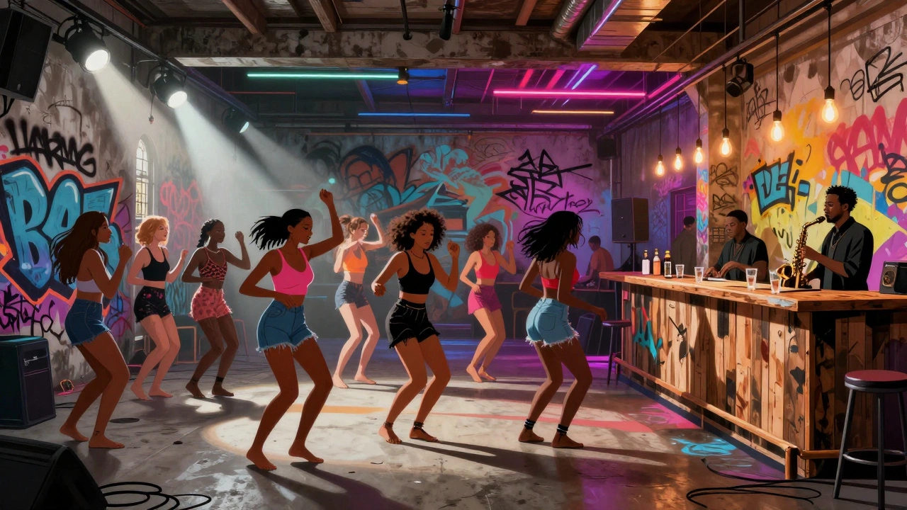 Crowd dancing in a graffiti-covered warehouse party space in Hackney under industrial lights.