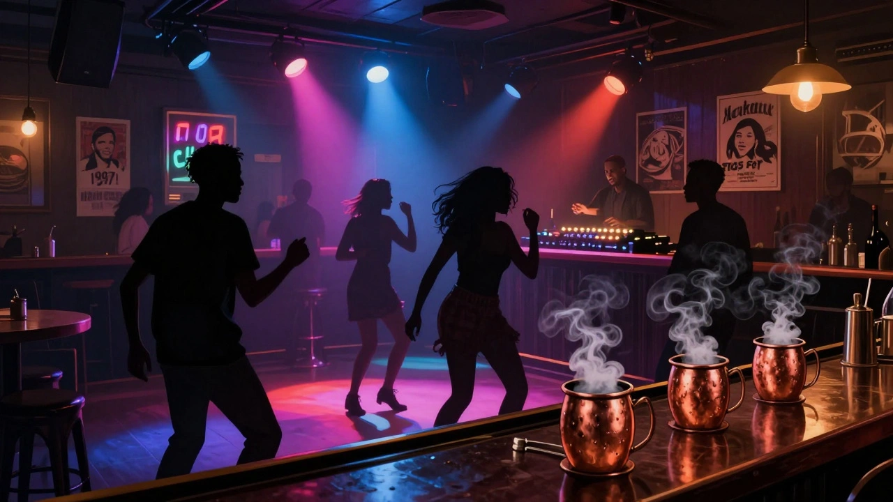 Crowd dancing under strobing colored lights in a gritty London cocktail bar, copper mugs and smoke-dome drinks on the counter.