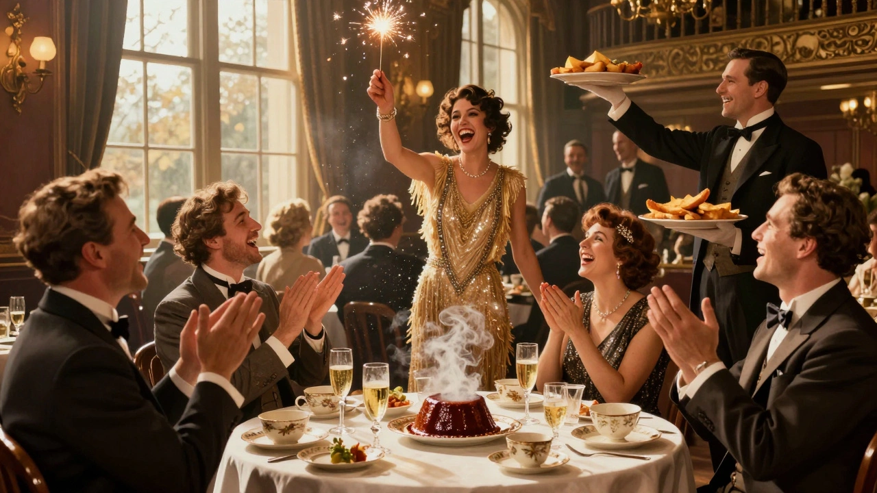 Crowd enjoying Sunday brunch cabaret with sparkler-lit sticky toffee pudding at a historic London music hall.