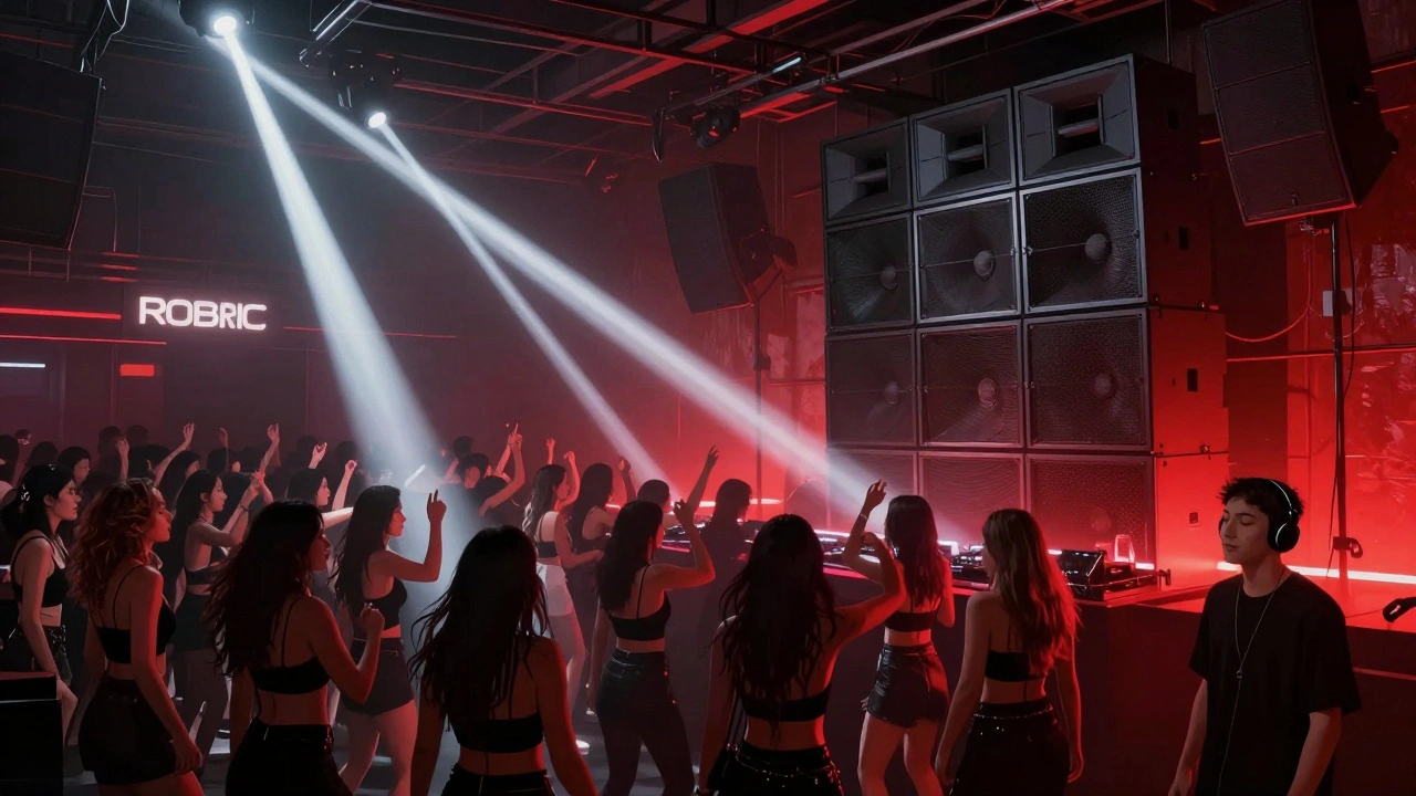 Crowd of women dancing intensely in a stark industrial nightclub under strobe lights.