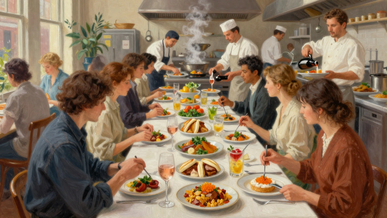 Crowded Sunday brunch at The Sunday Club with multiple dishes being served to diverse guests.