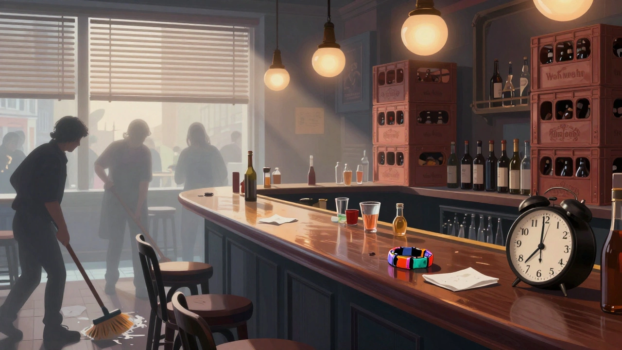 Dawn cleanup at a London bar after a major event, with empty crates and a single abandoned wristband.