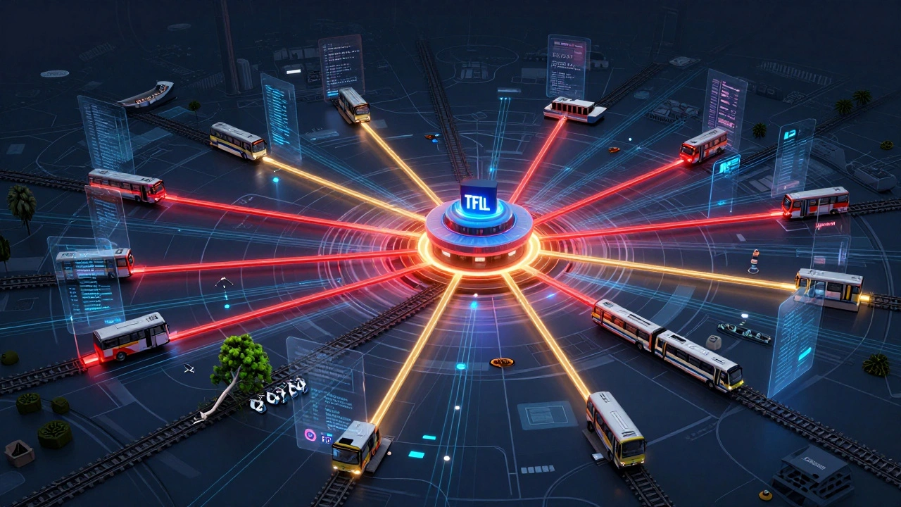 Digital map showing London's emergency transport network with buses, boats, and bikes connected by data streams.