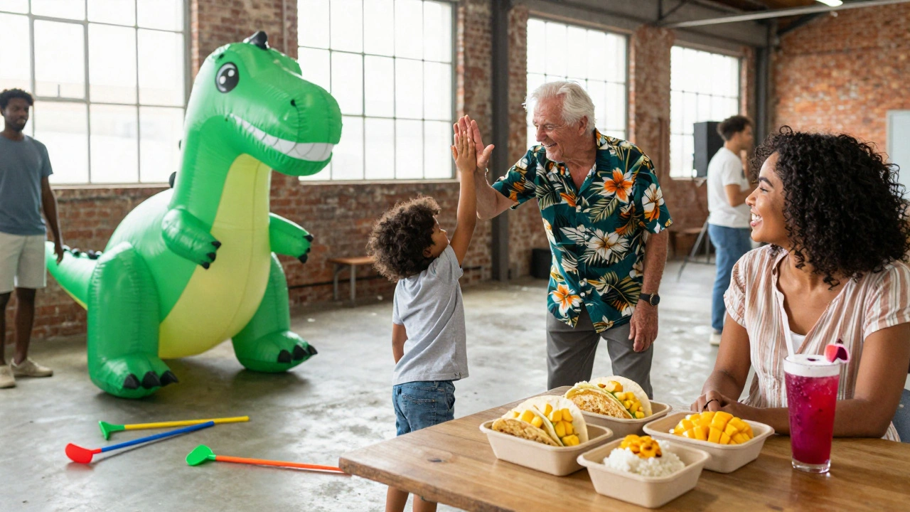 Diverse group laughing near inflatable dinosaur at Islington Swingers with food and drinks on table.