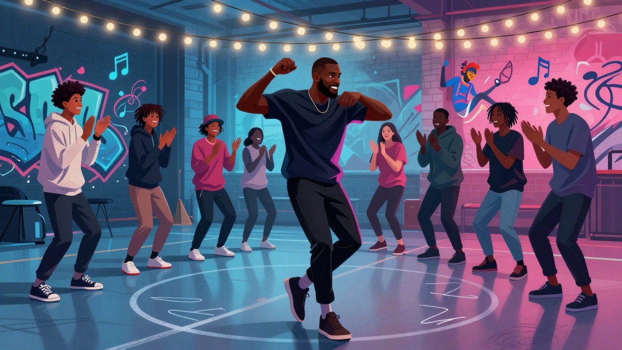 Diverse group of people joyfully freestyling in a street dance circle under colorful lights.