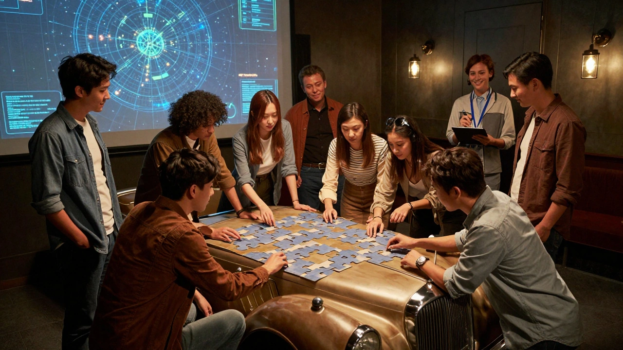 Eight people working together on an interactive puzzle in a high-tech escape room.