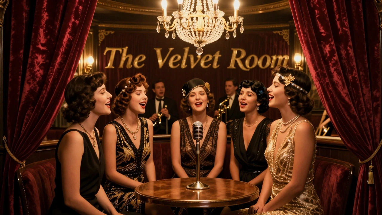 Elegant 1920s couple singing in a speakeasy lounge with crystal chandeliers and velvet curtains.