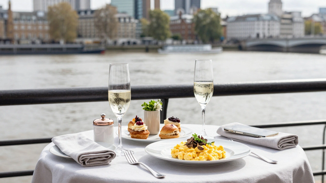 Elegant South Bank brunch with river views, Prosecco DOCG, and truffle eggs under natural daylight.