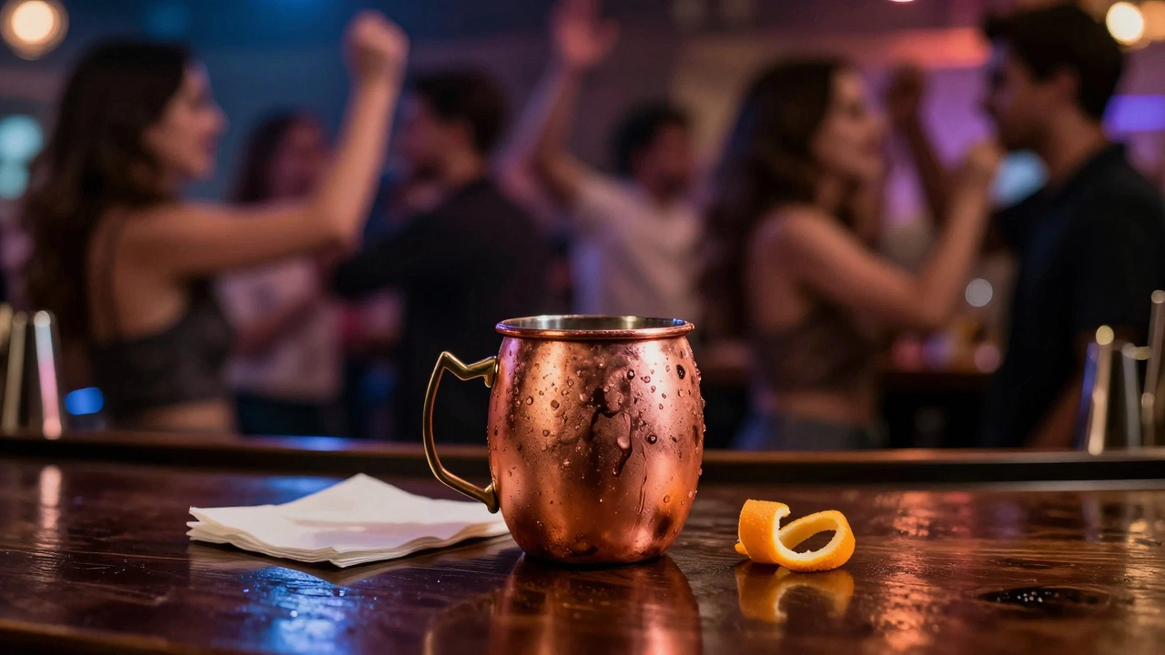 Empty copper mug with condensation on a dark bar, blurred dancing figures and neon glows in background, evoking memory and mood.