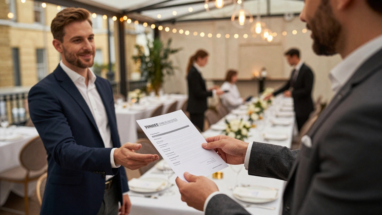 Event planner handing a printed booking confirmation to a venue manager in a stylish London event space with guests seated.