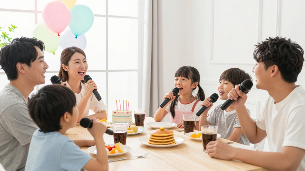 Family enjoying karaoke during afternoon brunch with pancakes and coffee in London.