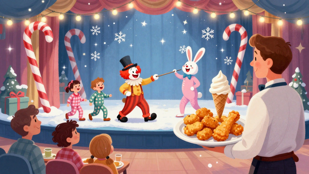 Family laughing at a Christmas pantomime, children eating kid-friendly meals under twinkling festive lights.