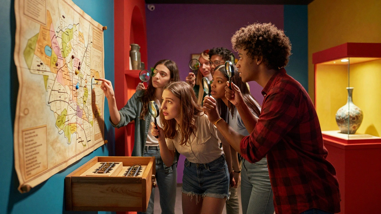 Five friends examining a colorful museum map and coded lock in a playful escape room setting.
