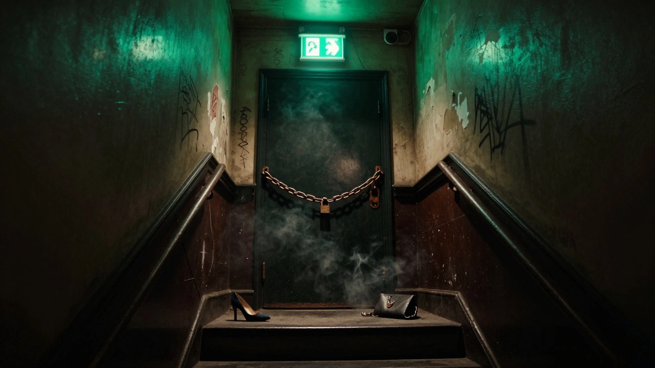 Flickering emergency sign above a chained stairwell door in a dark venue, with abandoned belongings on the steps.
