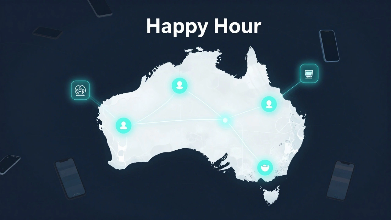 Floating app interface over Australia map with glowing paths connecting bars and personal drink preferences.