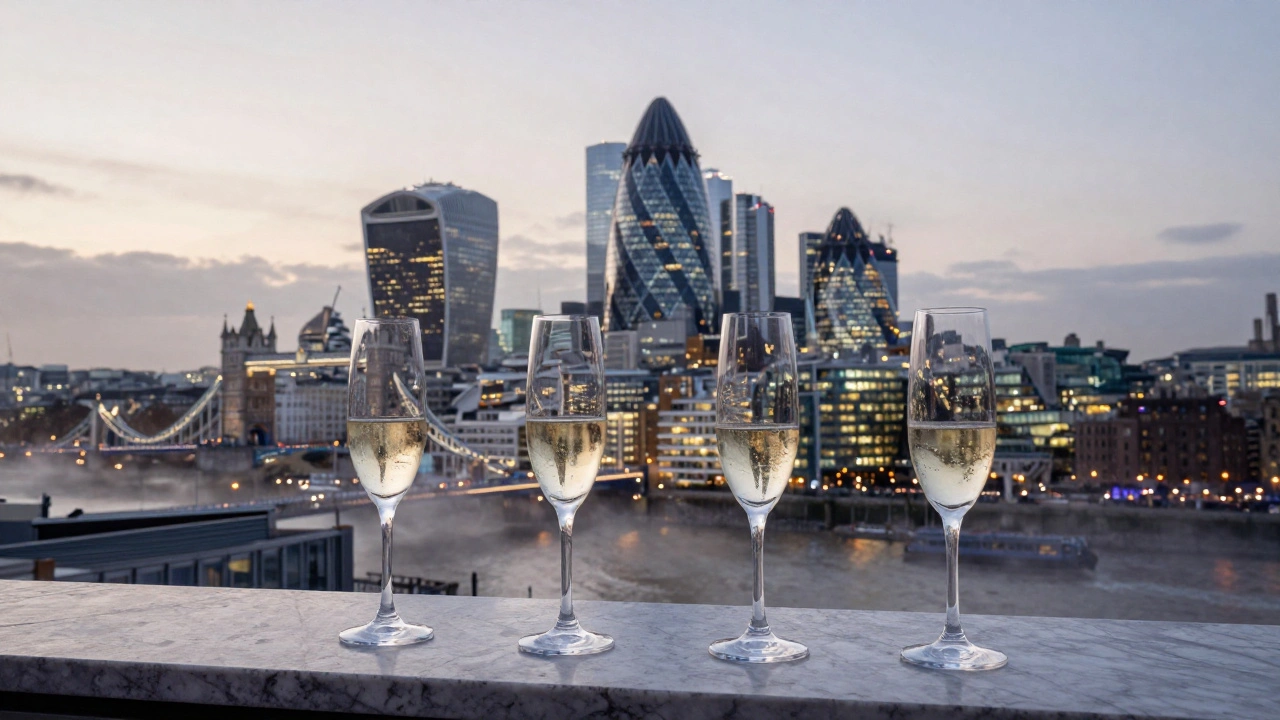 Four champagne flutes on a ledge reflecting London landmarks at twilight from The Shard’s rooftop.