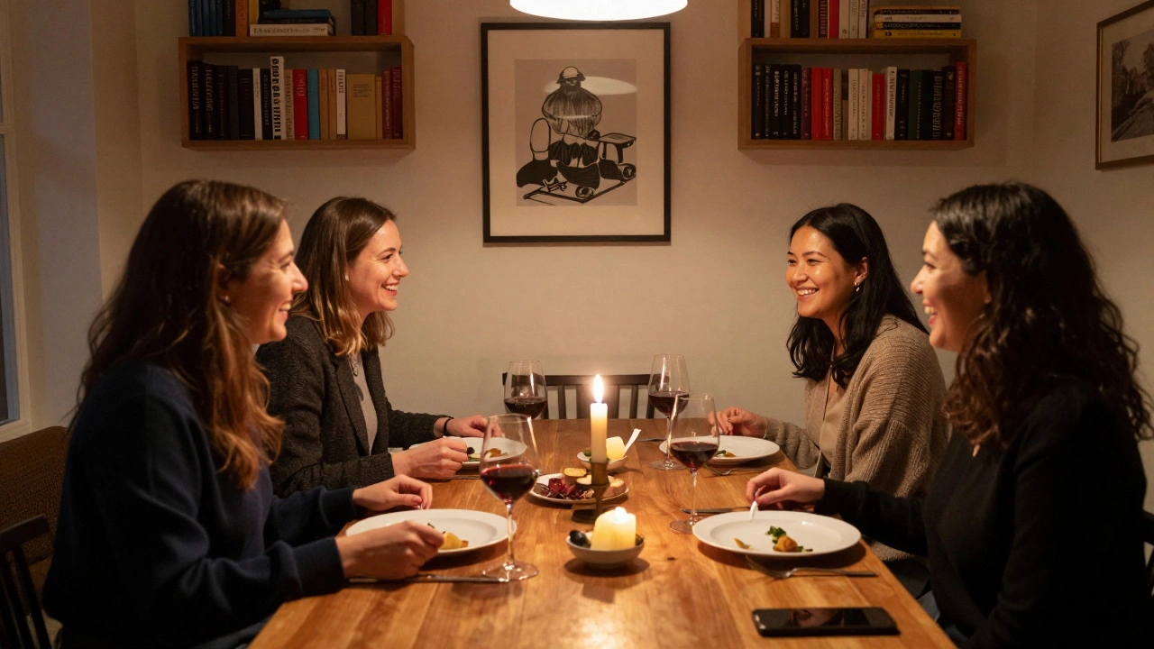Four women having a thoughtful dinner in a candlelit room, sharing stories about work and life.