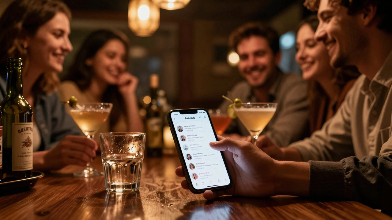 Friends at a bar laughing together with a smartphone showing verified drink deals on the table.