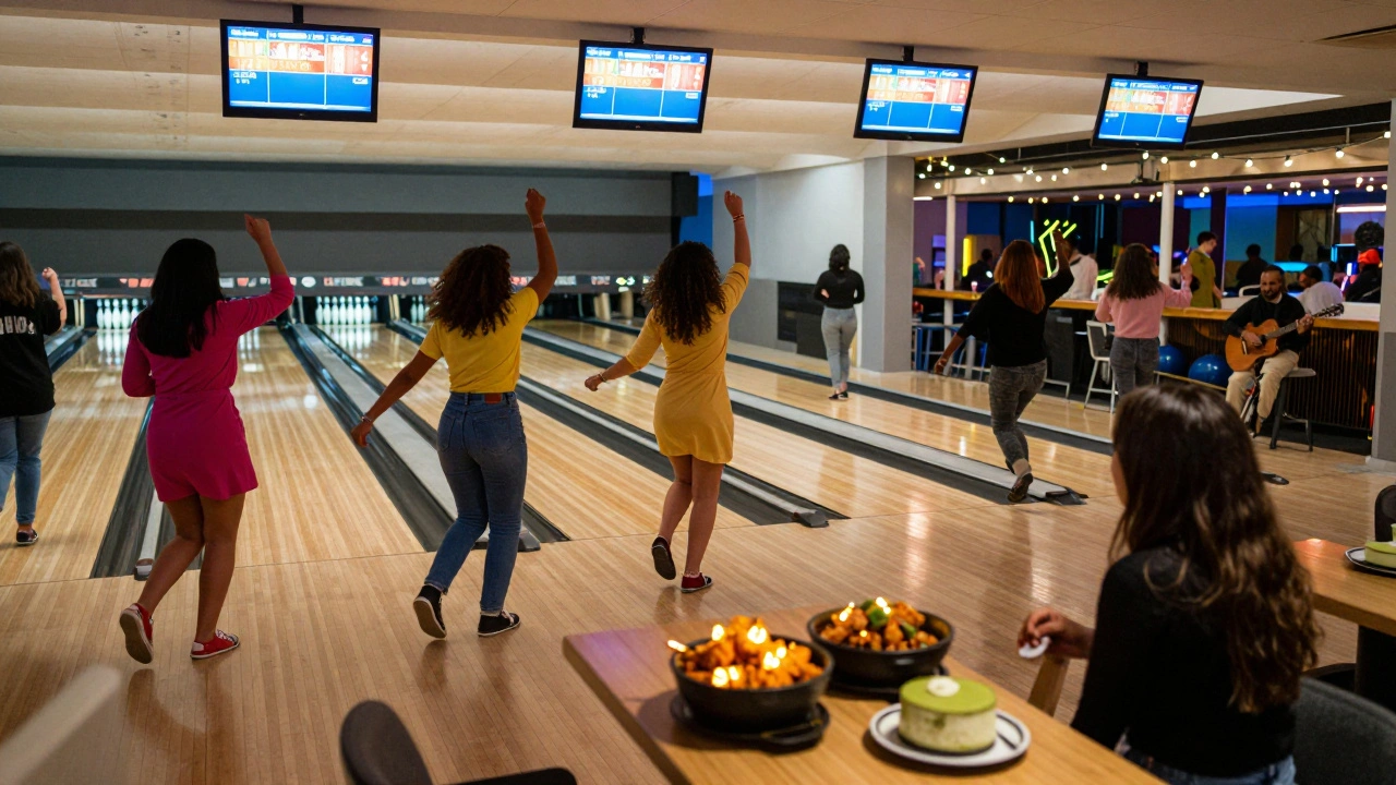 Friends dancing between bowling turns in a modern alley with rooftop bar and Korean food on the table.