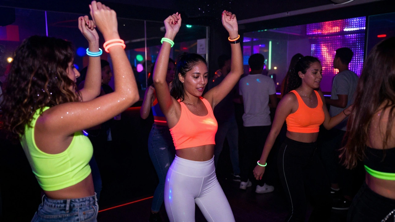 Friends dancing under neon blacklights in glowing outfits at a London club, vibrant colors and motion blur.