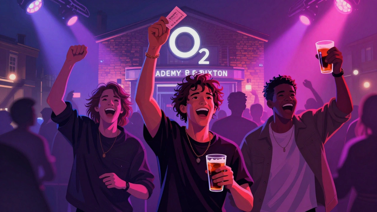 Friends entering O2 Academy Brixton for a live music show, bathed in colorful stage lights.