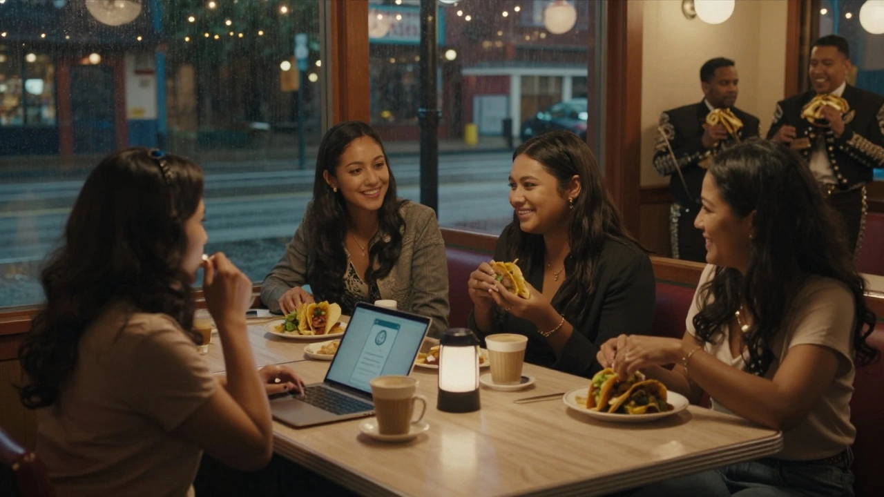 Friends from two different nightlife tours bonding over coffee and tacos at a late-night diner.