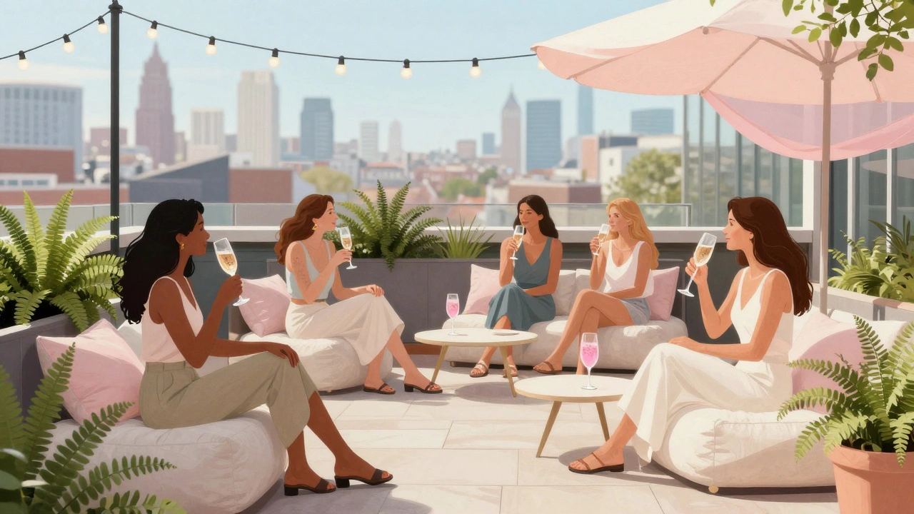 Friends relaxing on a rooftop terrace with champagne and potted plants, city skyline in background.