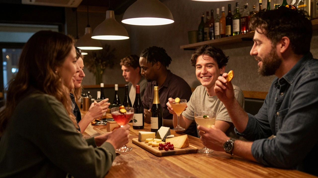 Friends sharing a cheeseboard and drinks at a rustic BYO pub with warm ambient lighting.