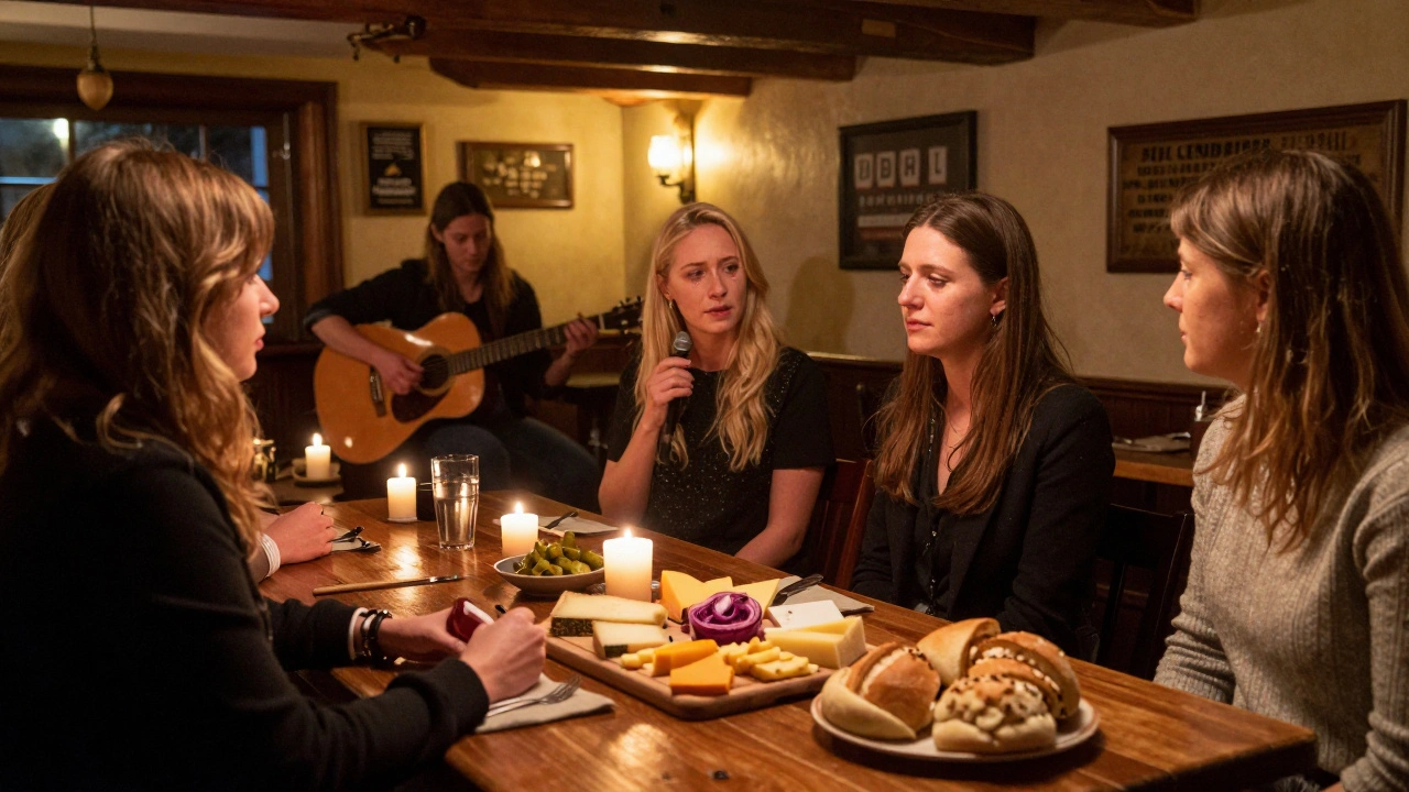 Friends sharing cheese and bread in a cozy pub while a guitarist plays a ballad.