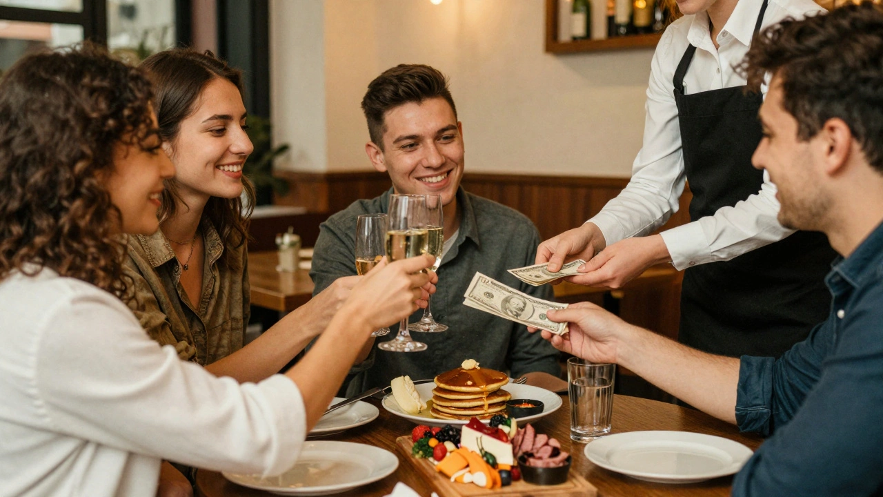 Friends toasting at a café as one hands a server a tip with a grateful smile.