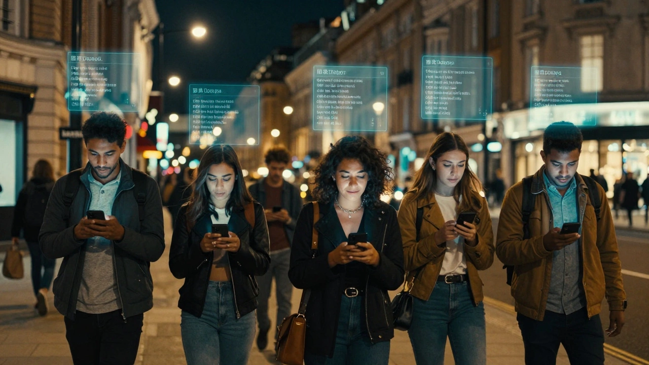 Friends using a nightlife app on their phones while walking through London streets.