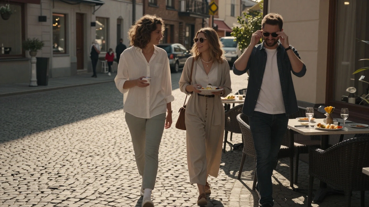 Friends walking away from a brunch table, calm and satisfied, late afternoon sunlight behind them.