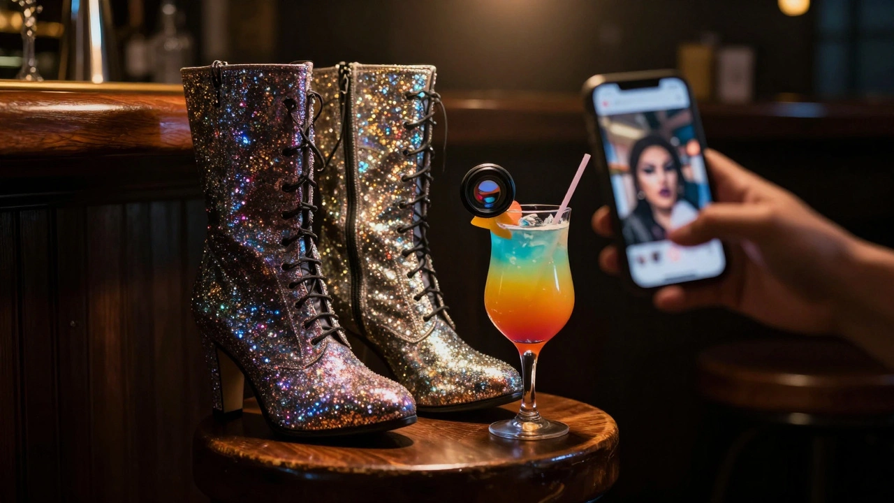 Glittery drag boots on a bar stool, camera lens reflects a hand deleting a photo on a phone.