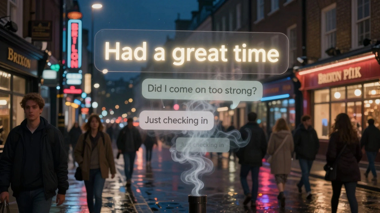 Glowing text message floating above a busy London street, other messages fading into smoke.