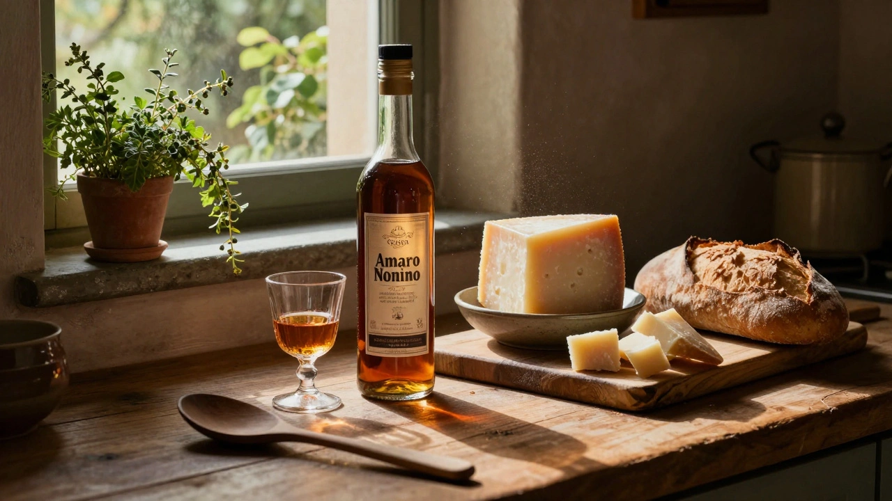 Grappa and Amaro next to aged cheese and bread on a rustic kitchen counter at dusk.