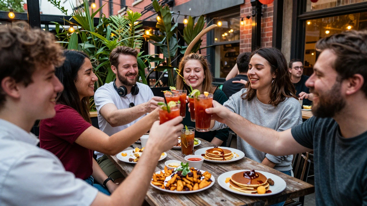 Group laughing at a lively patio with bloody marys and chorizo hash browns under string lights.