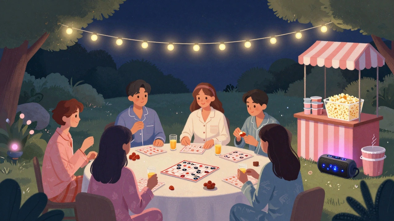 Group of friends in pajamas playing bingo with string lights and popcorn bar at a home night.