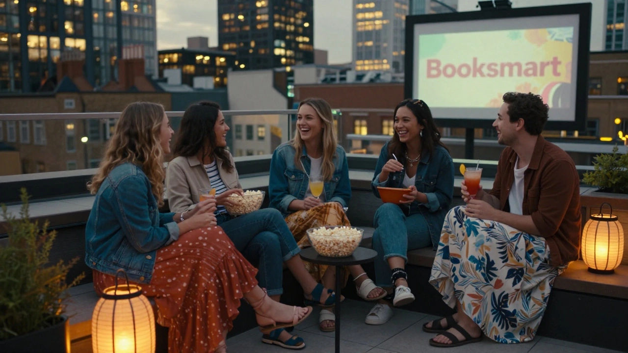 Group of friends laughing at a rooftop cinema in Shoreditch, popcorn and drinks in hand.
